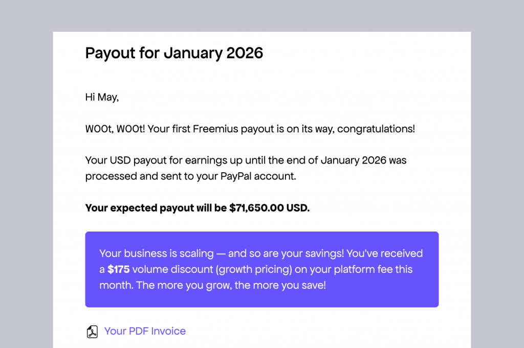 Payout email showing volume discount