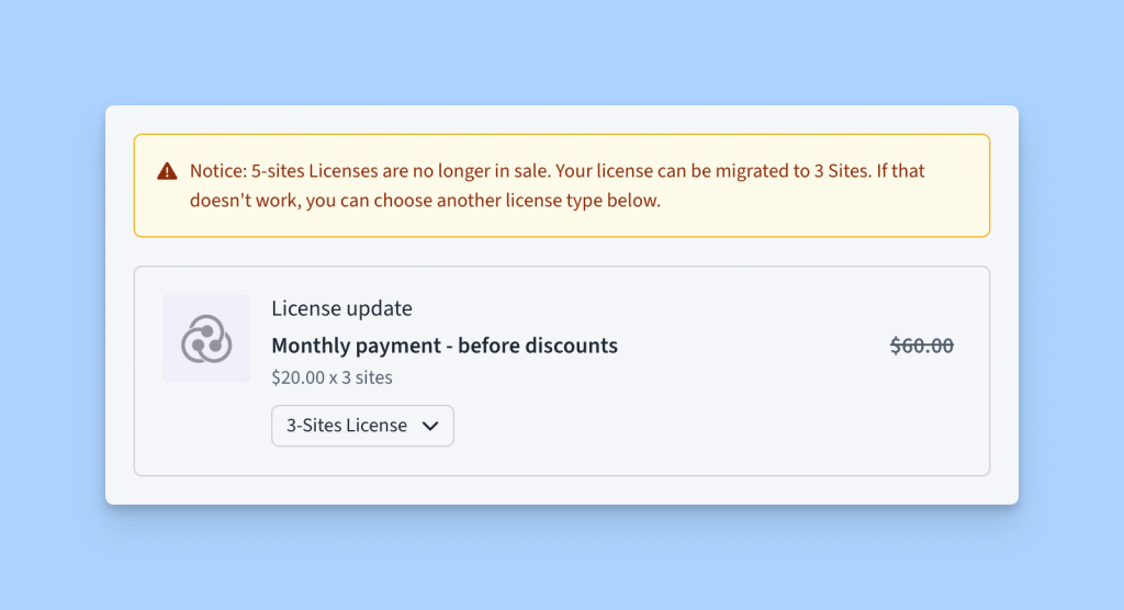License renewal with deleted pricing notice