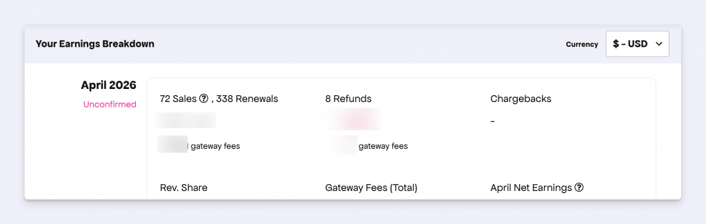 Earnings page UI with currency filter
