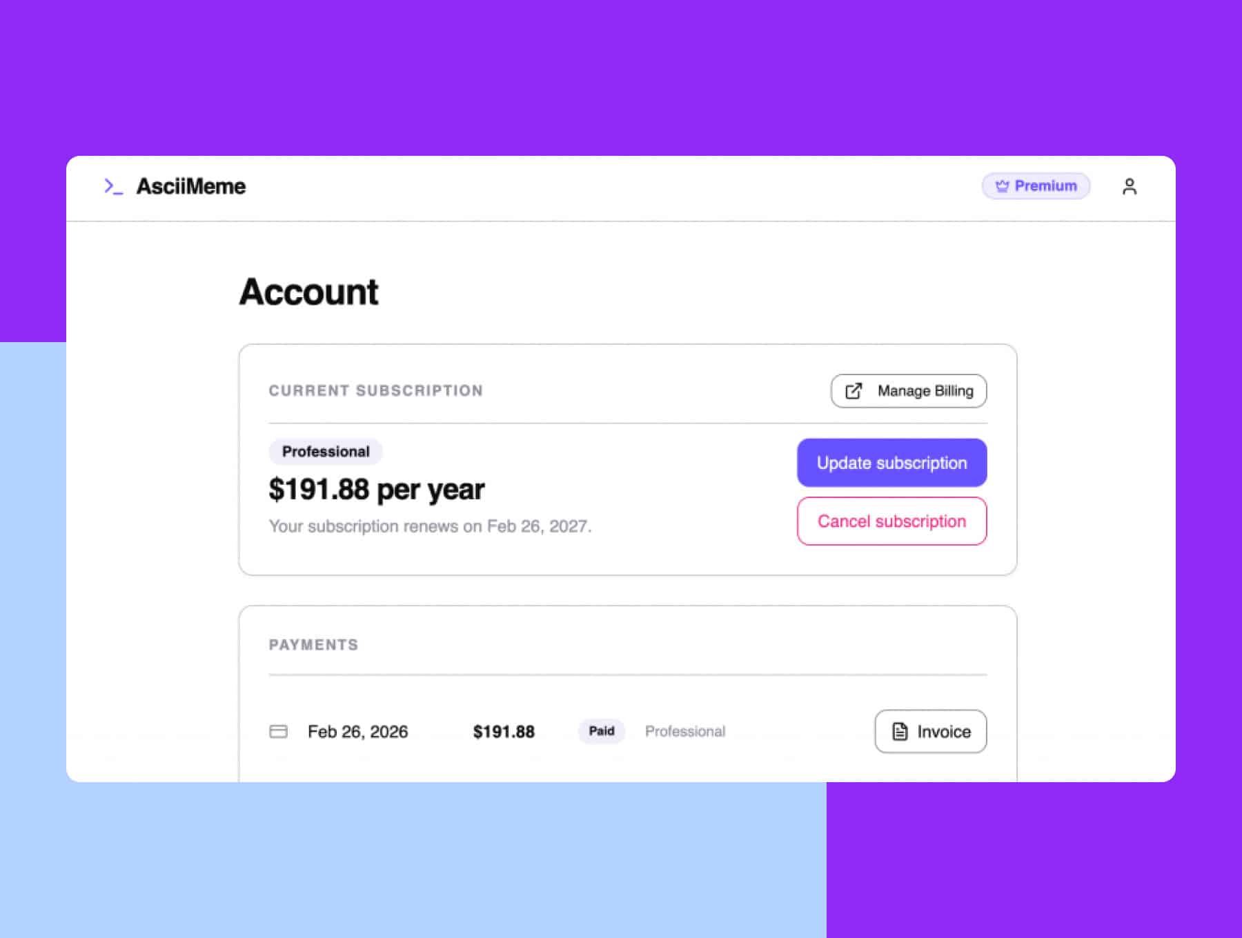 In-app accounts page showing subscriptions and payments, linked to the Customer Portal