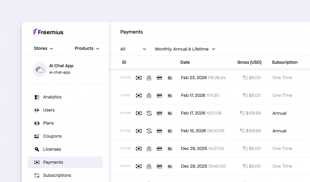 Freemius Payments table