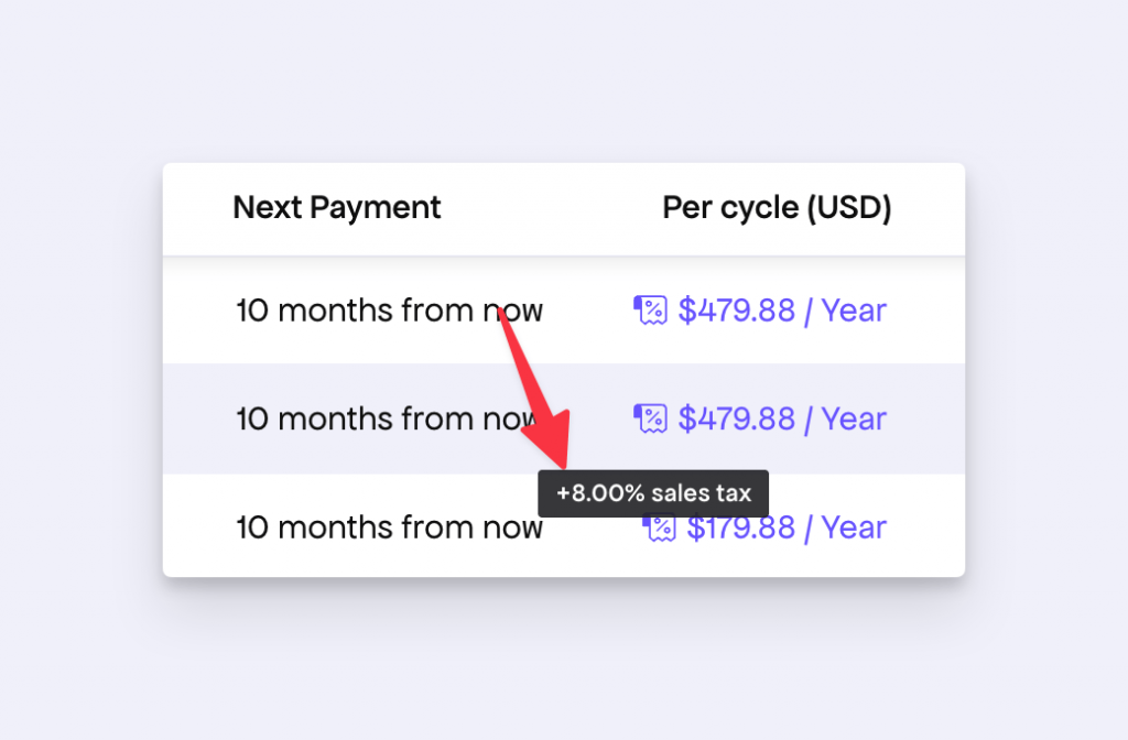 Subscription table tax tooltip