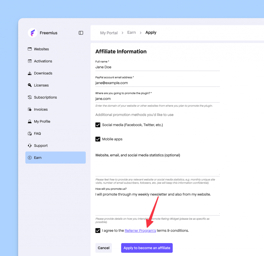 Freemius affiliate form