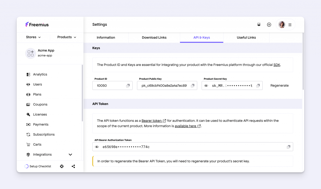Freemius Developer Dashboard Settings page for a product