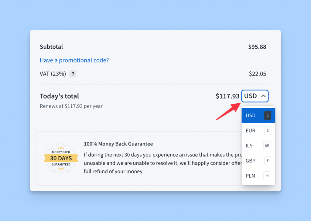 showing the currency dropdown in the Checkout