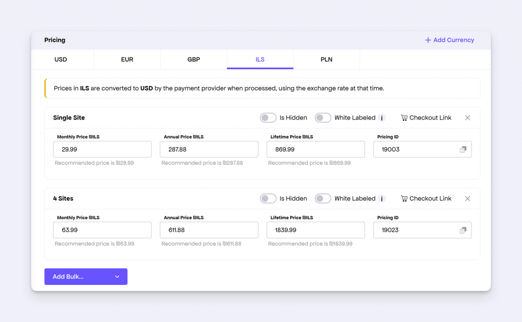 showing editable pricing fields for the newly added currency