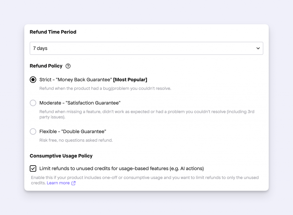 Consumptive usage refund policy configuration