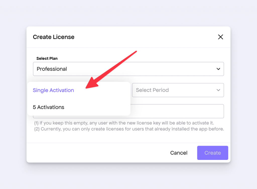 Create license dialog