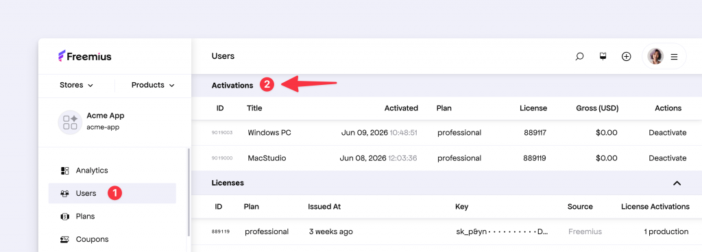 Manager activations of a user from the Developer Dashboard