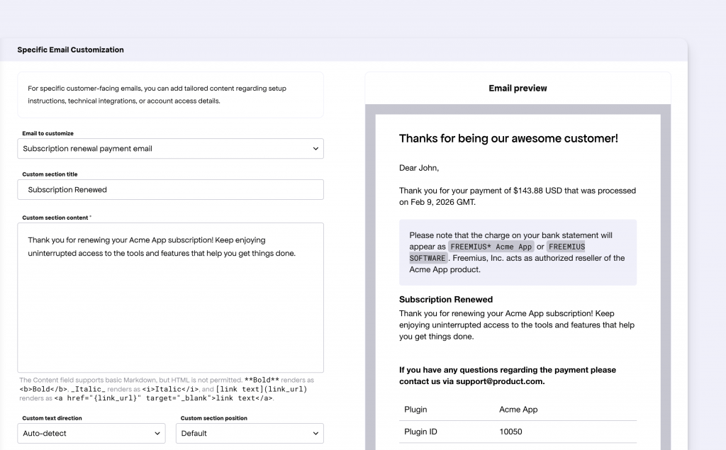 Showing the improved Email Customization preview UI