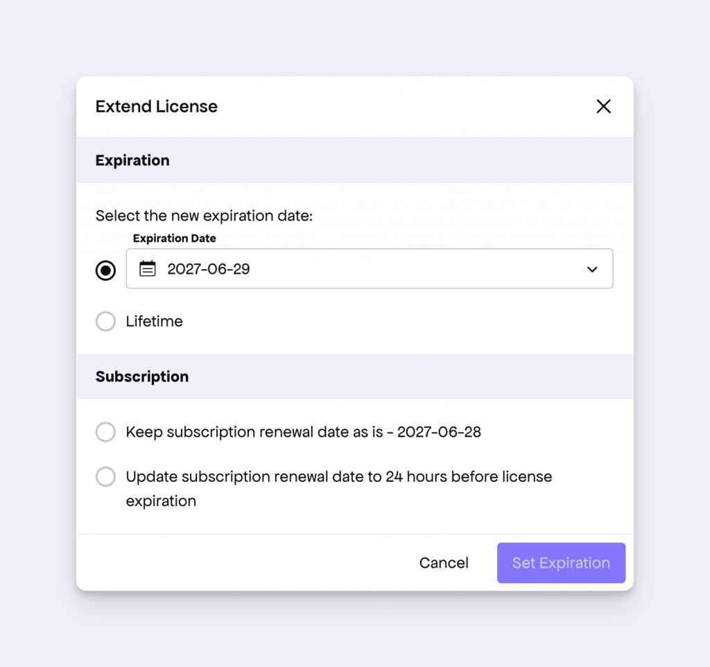 License expiration form in the Developer Dashboard