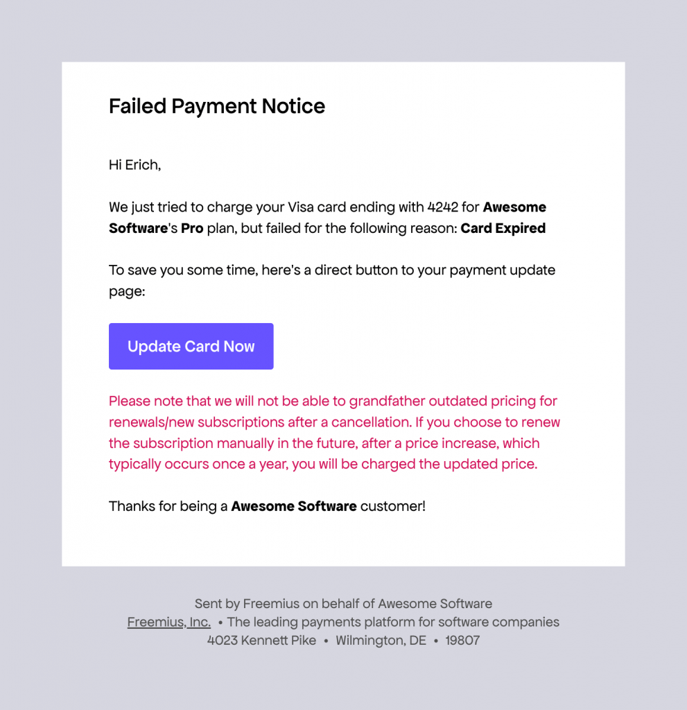 Payment failed email preview
