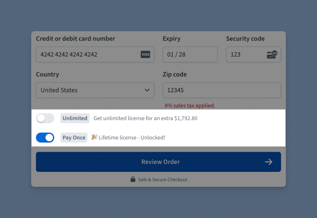 Checkout upsell UI before the CTA