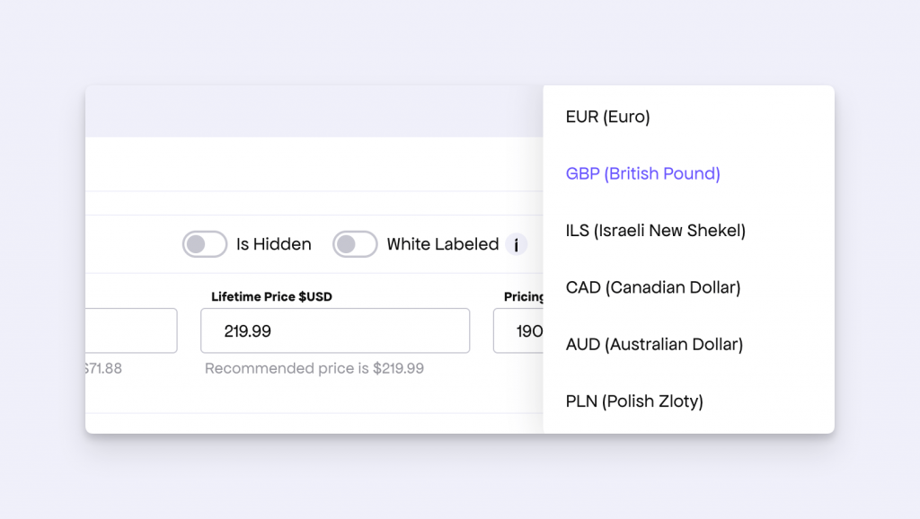 Selecting the new currency from the dropdown UI