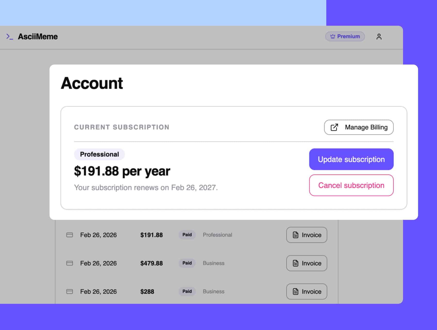 In-app accounts page showing active subscriptions and payments