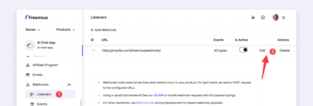 Manage webhooks in Freemius Developer Dashboard