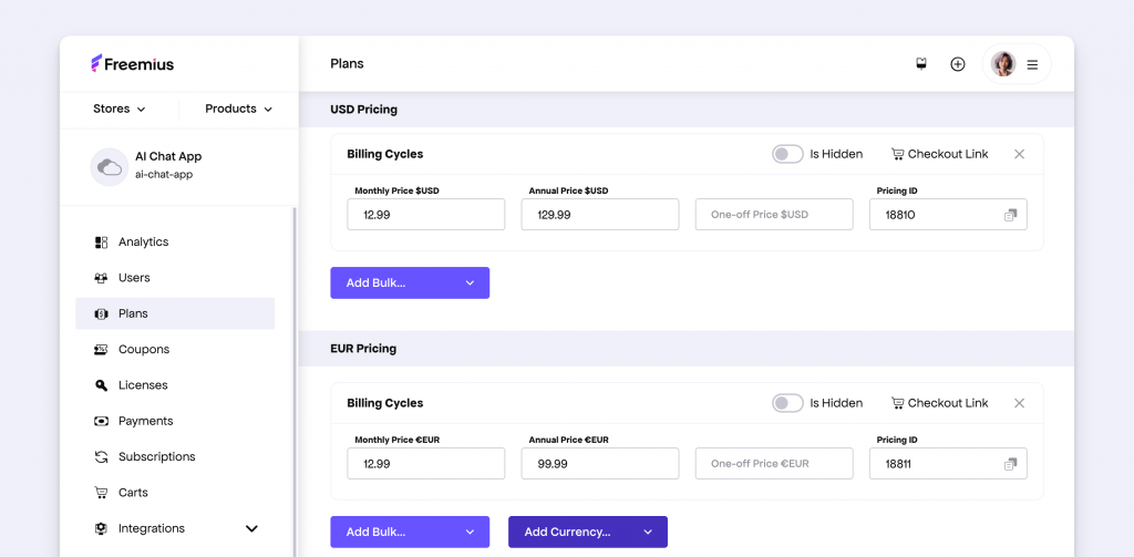 Pricing and plan page in Freemius Developer Dashboard