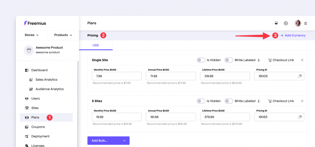 showing the Add Currency button on the Plan page