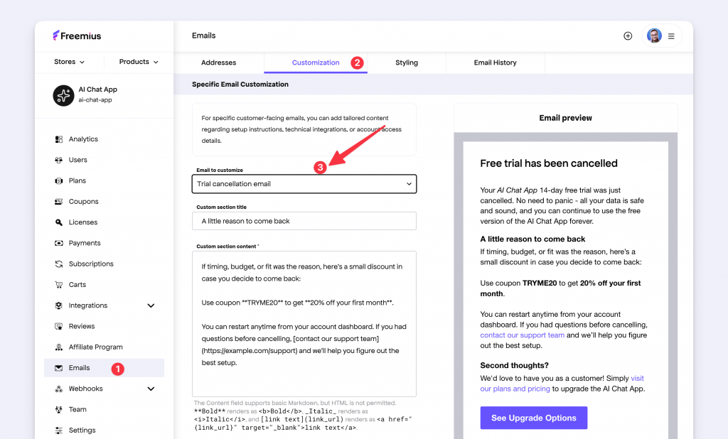 Developer Dashboard showing the new Trial cancellation email template in Email Customization