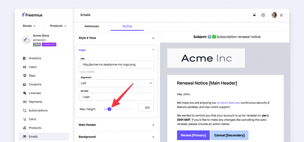 Email Style Customization interface showing the new logo height setting