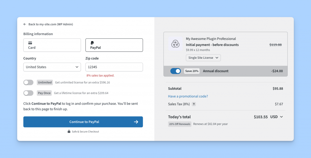 PayPal upgrade flow from the WordPress admin