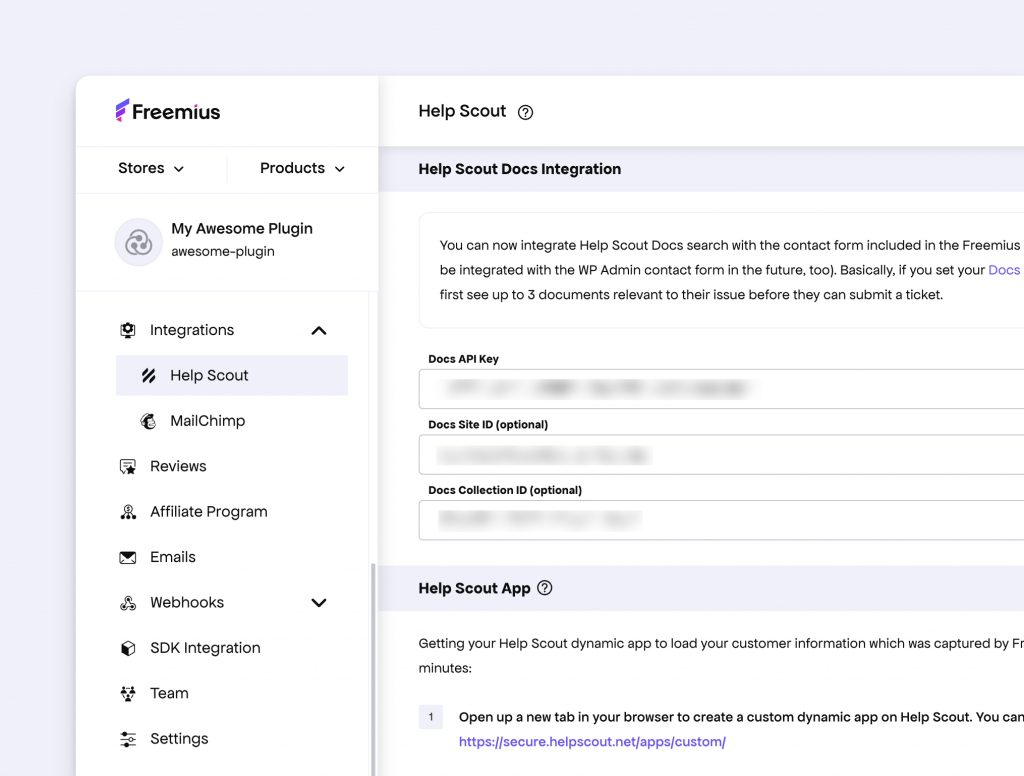 HelpScout integration settings in the Developer Dashboard