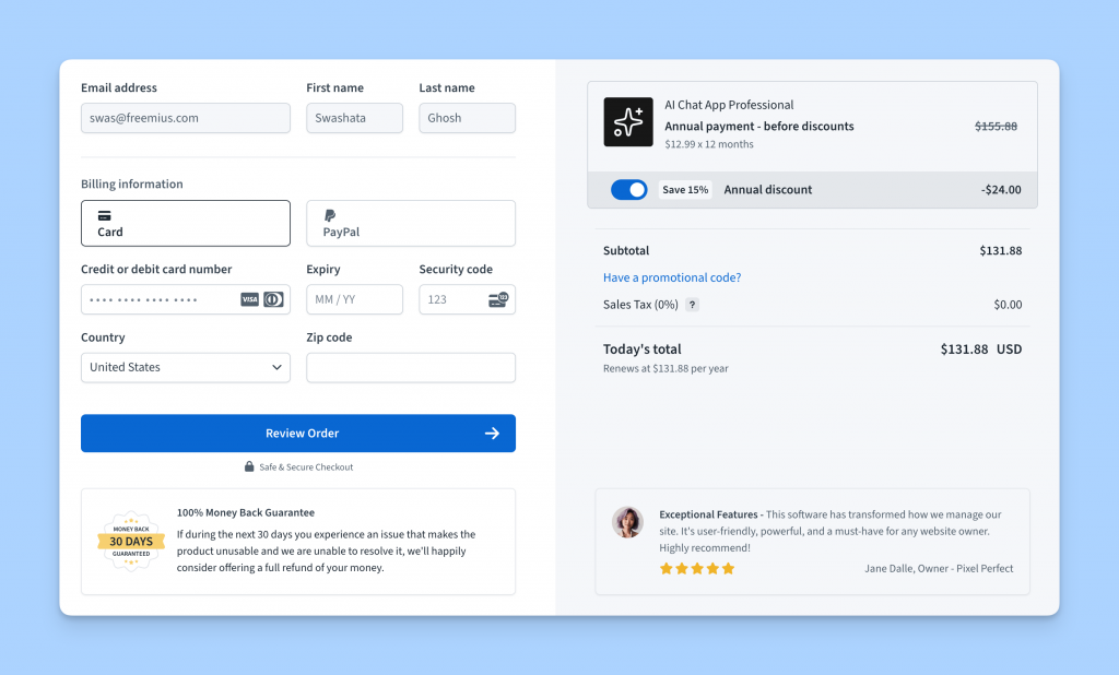 Freemius Checkout displayed as an overlay within a SaaS application