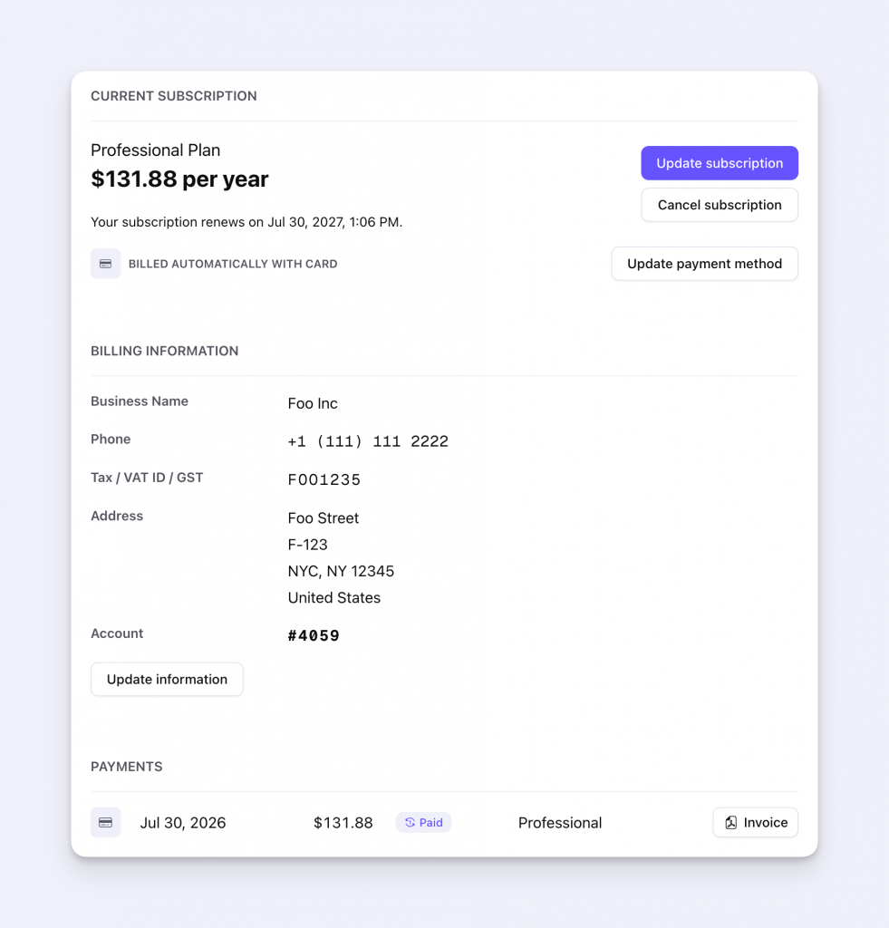 Embedded Freemius Customer Portal for managing a subscription