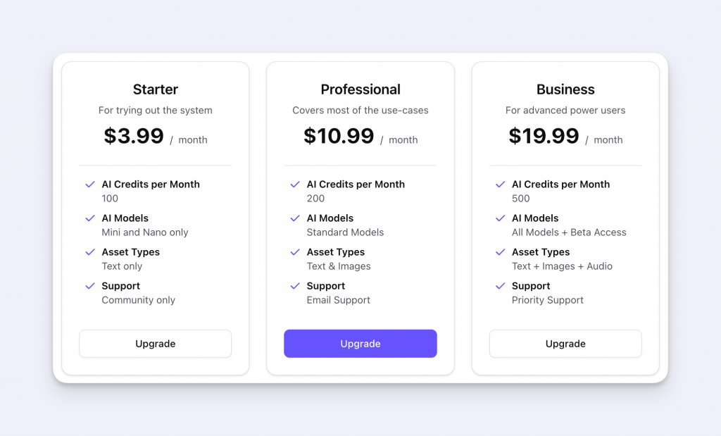 Freemius pricing table embedded within a SaaS application