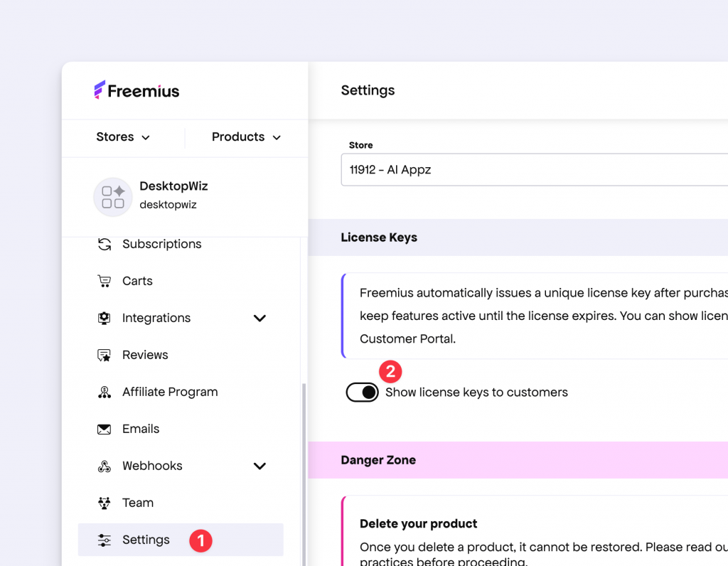 Developer Dashboard setting for hiding license keys from customers