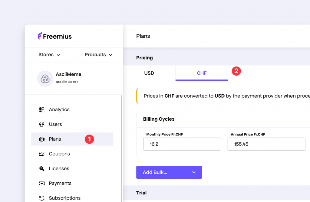 Swiss Franc currency option in the Plans UI