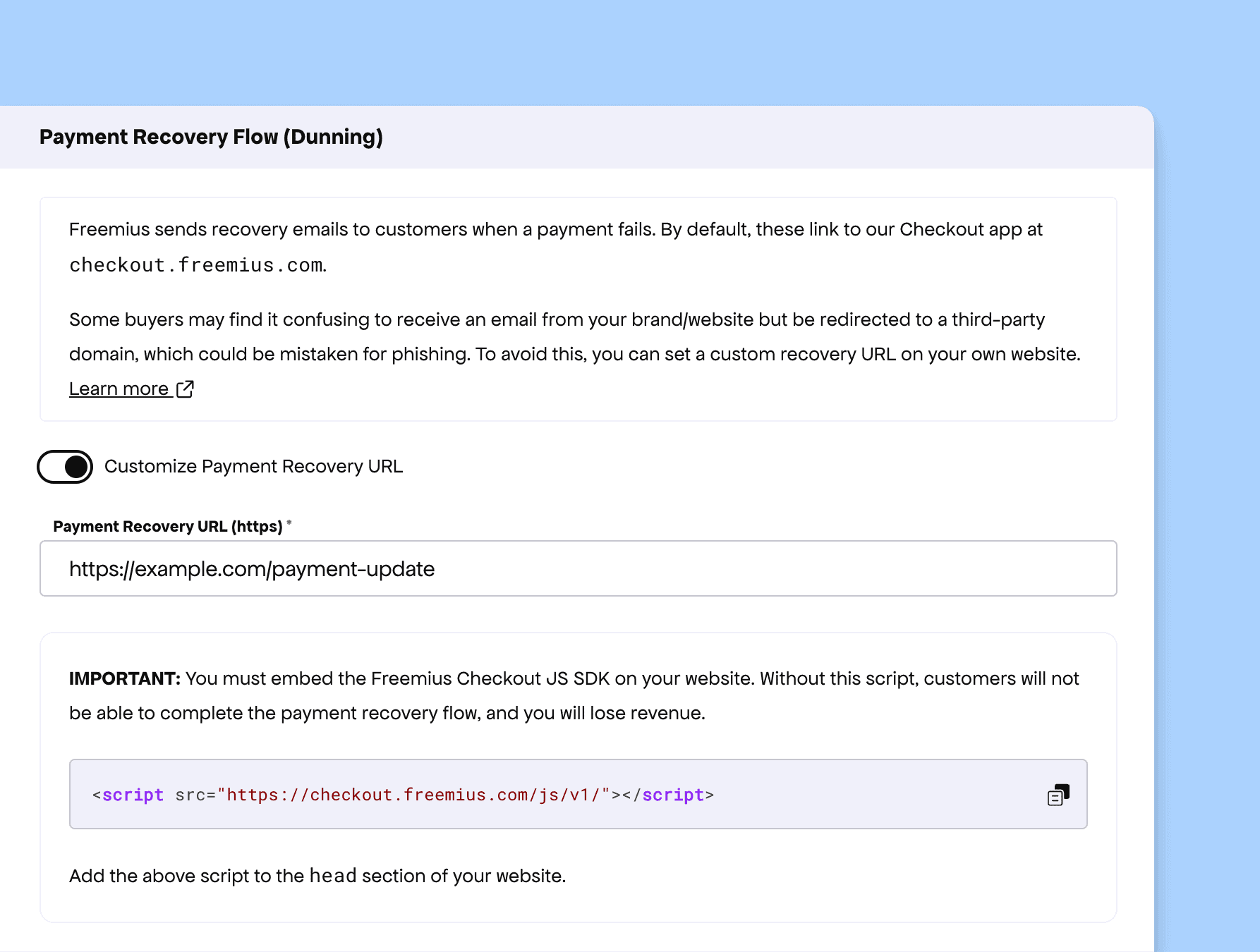 Freemius Custom Dunning URL