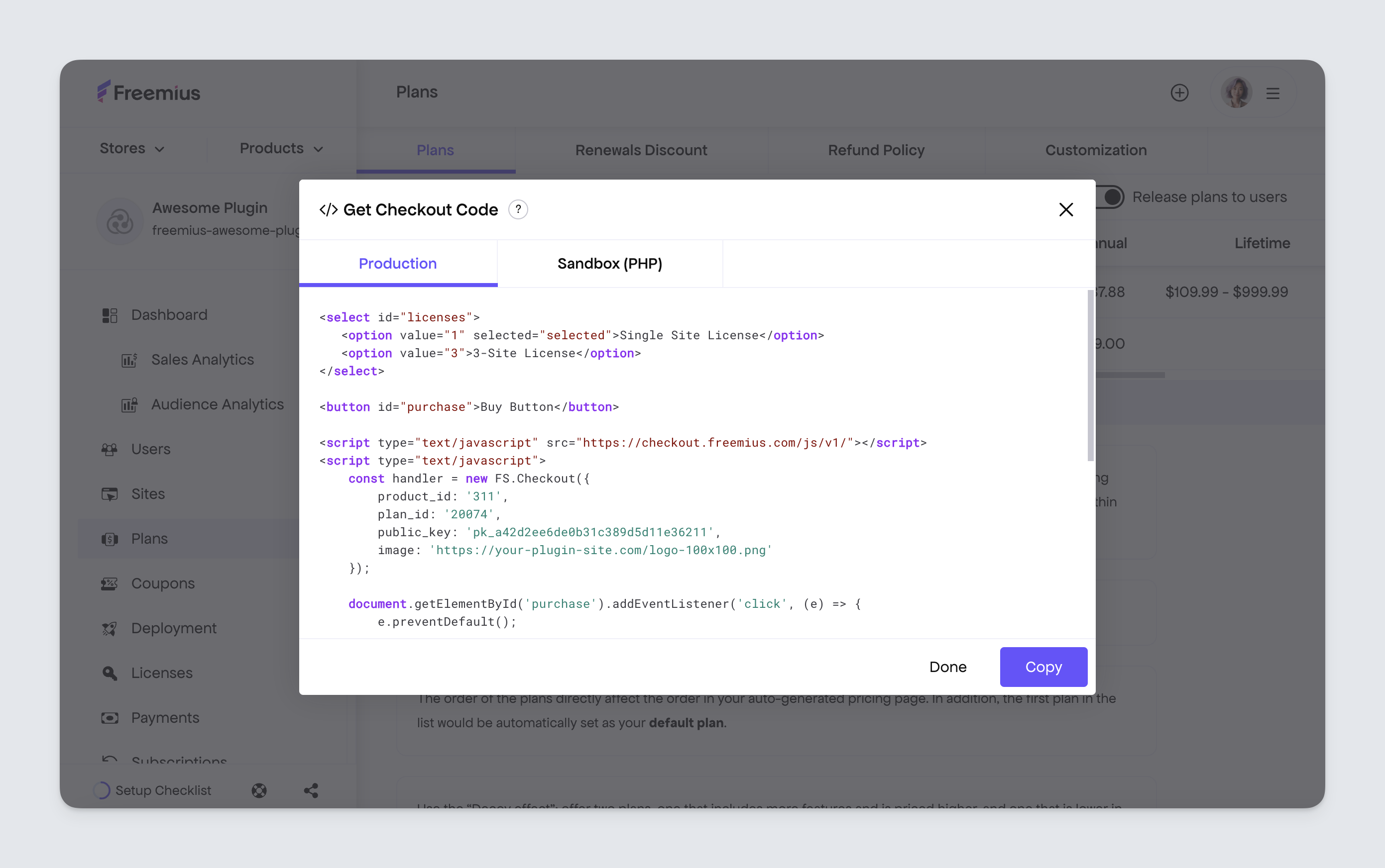 Freemius Dashboard - Copy the JavaScript checkout code