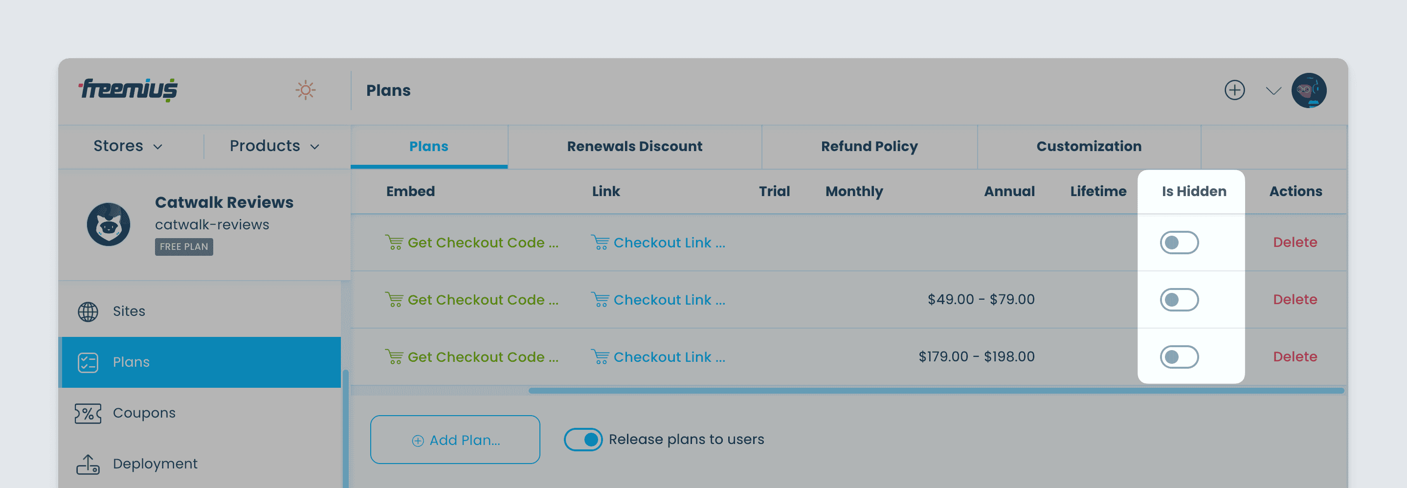 Freemius Dashboard - Hide pricing plan