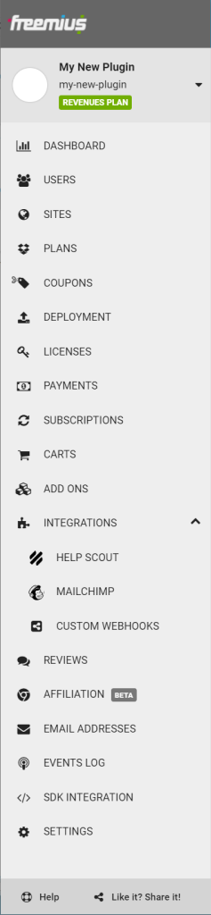 Freemius Dashboard - Main menu options