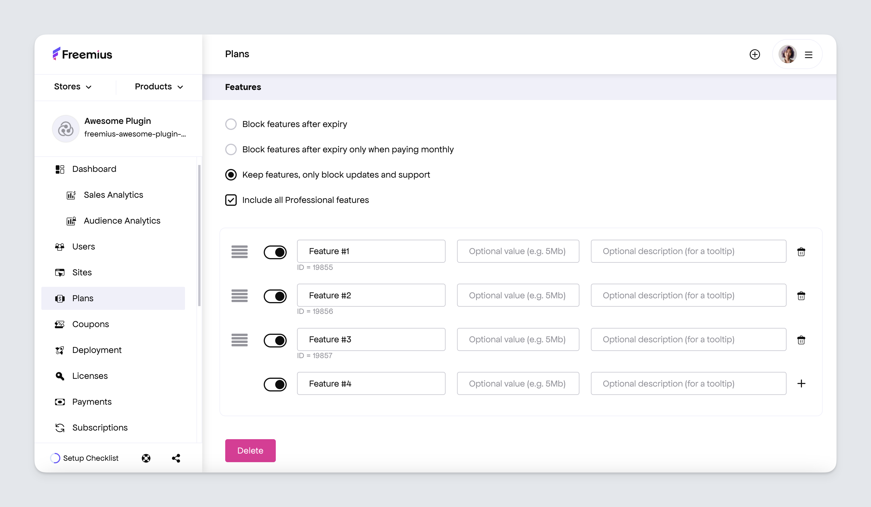 Freemius Dashboard - plan features