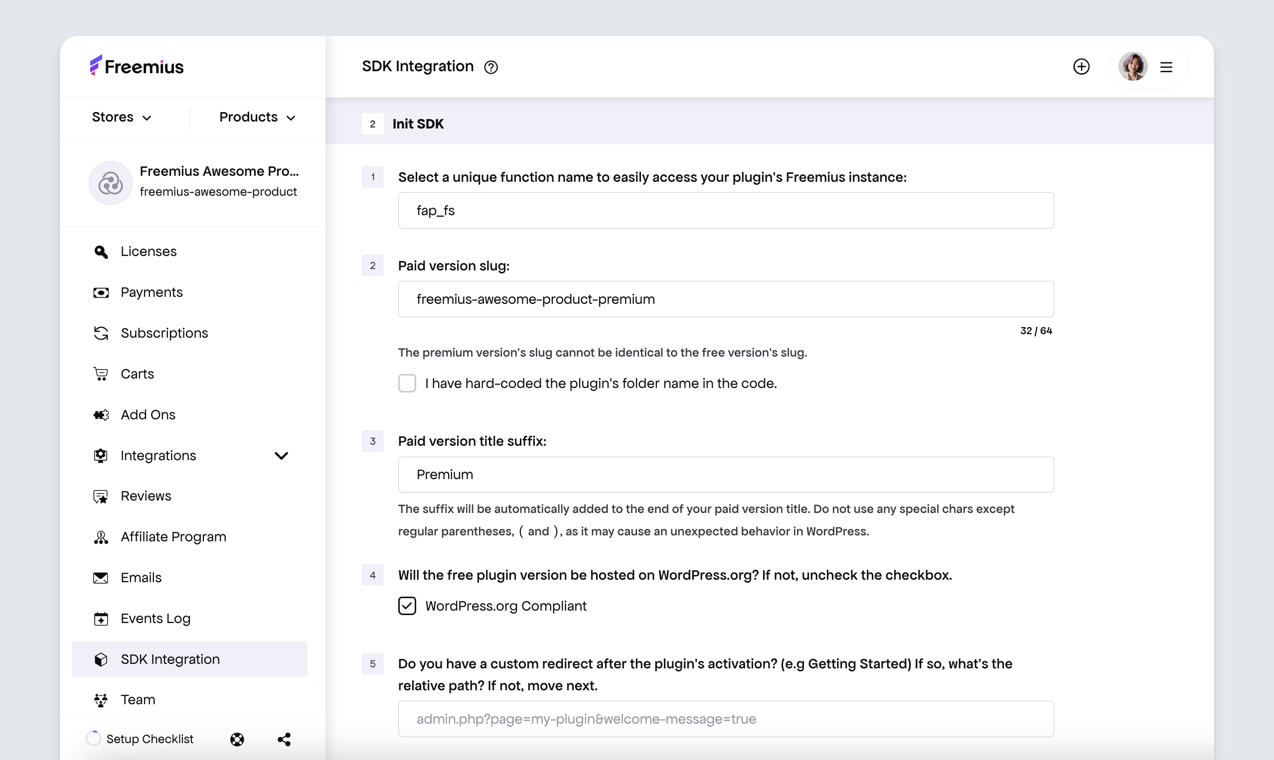 Freemius Dashboard - plugin SDK Integration