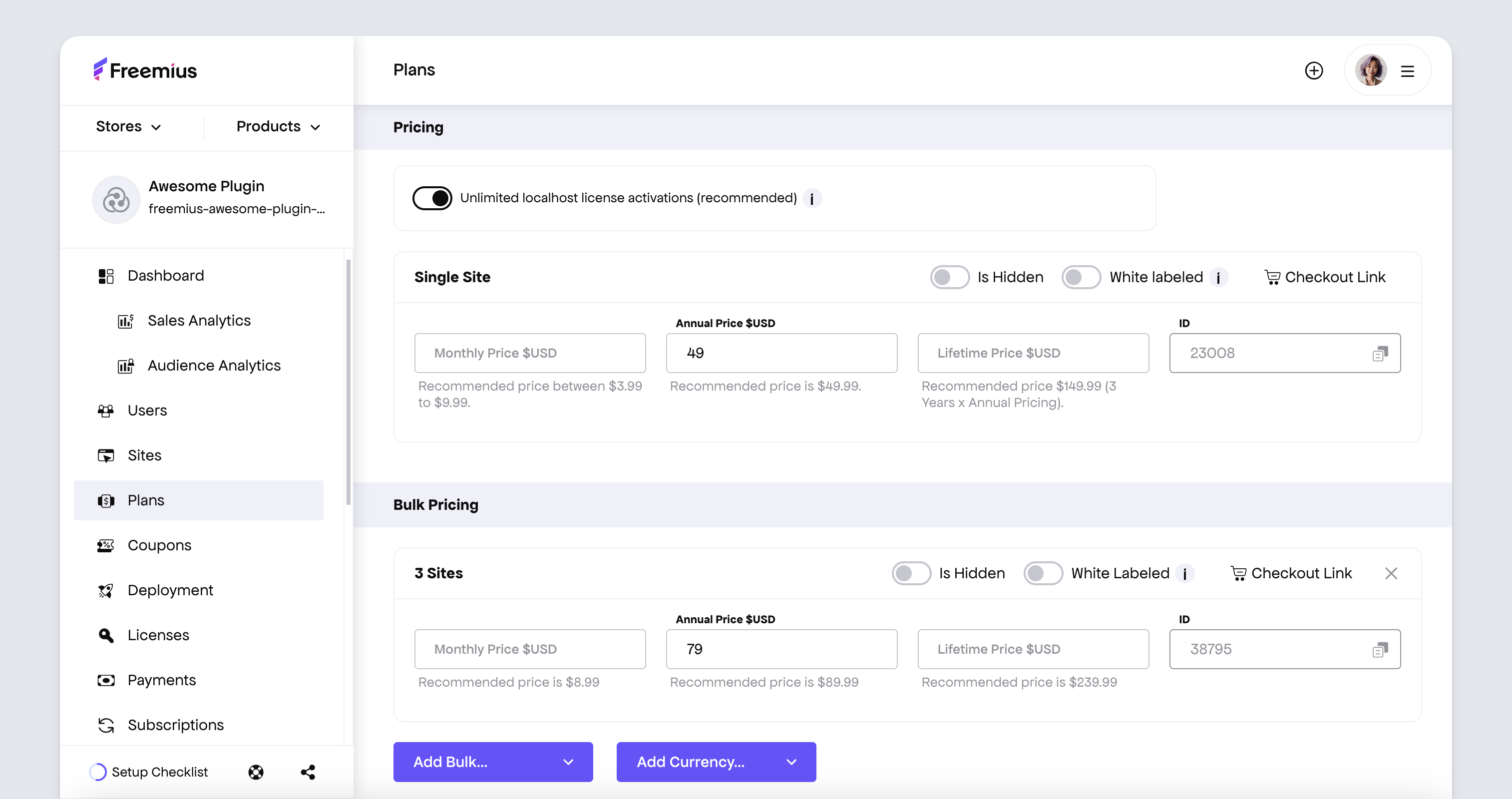 Freemius Dashboard - pricing plans