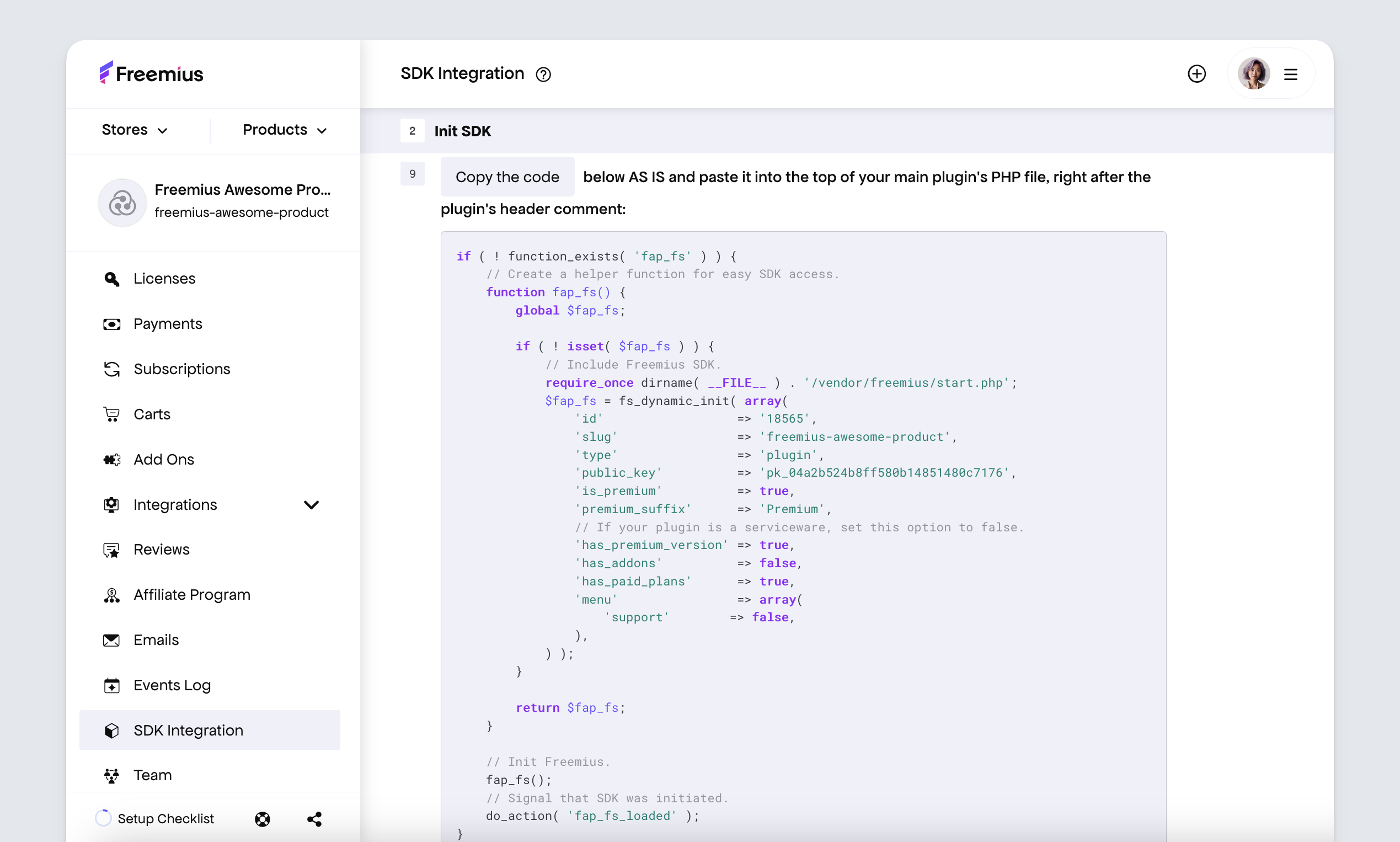 Freemius Dashboard - SDK integration code snippet