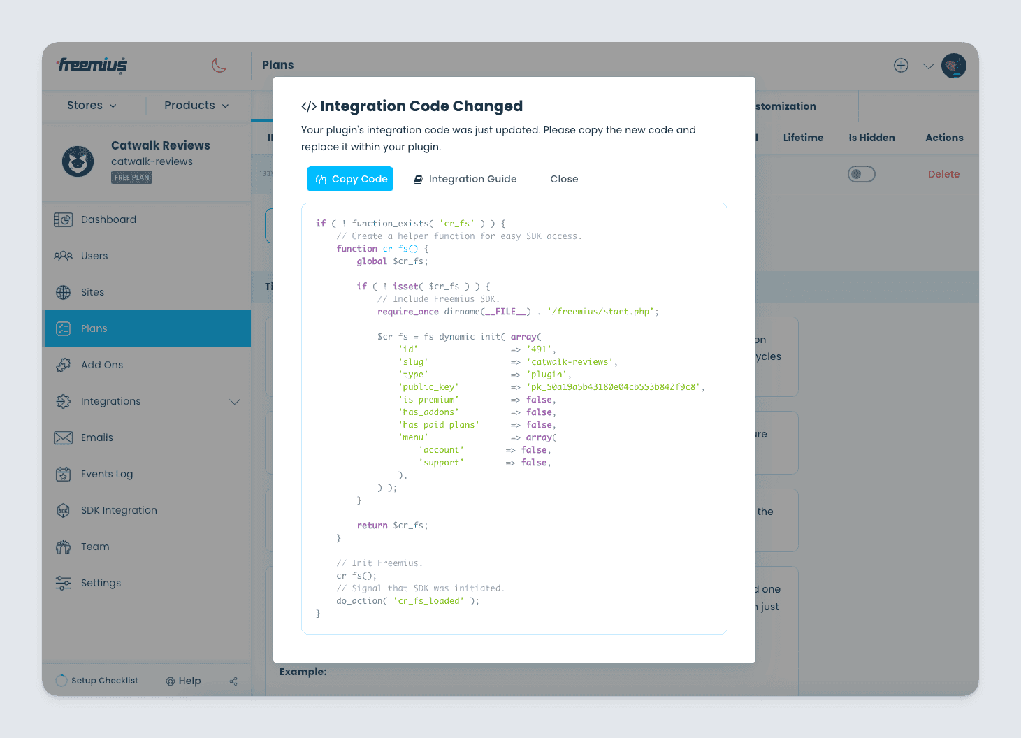 Freemius Dashboard - SDK integration snippet