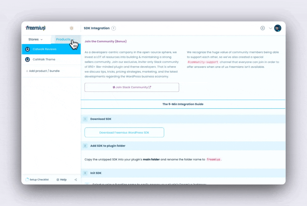 Freemius Dashboard - Switch between products