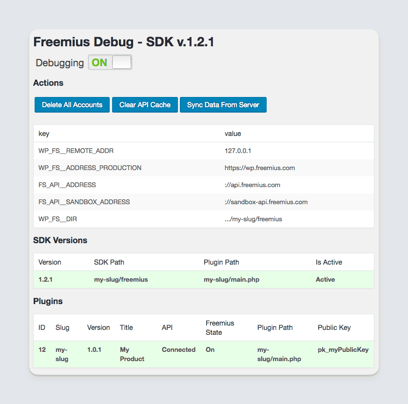 Freemius debug in the WordPress admin