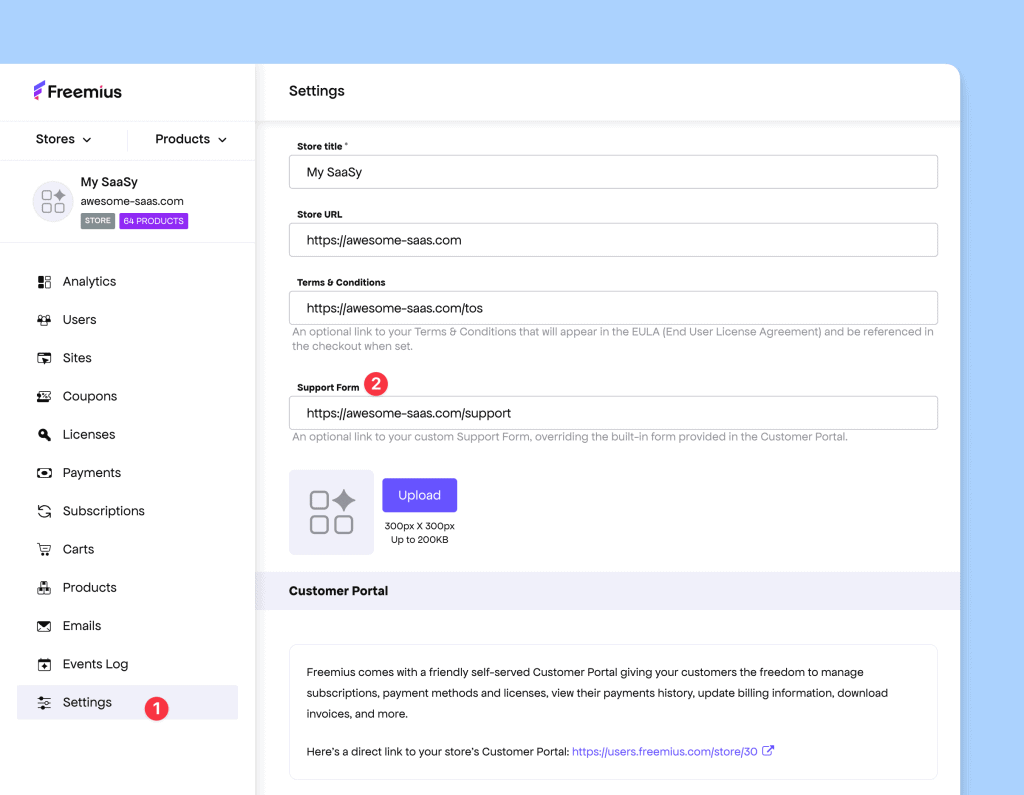 Customize Support page link Freemius Developer Dashboard