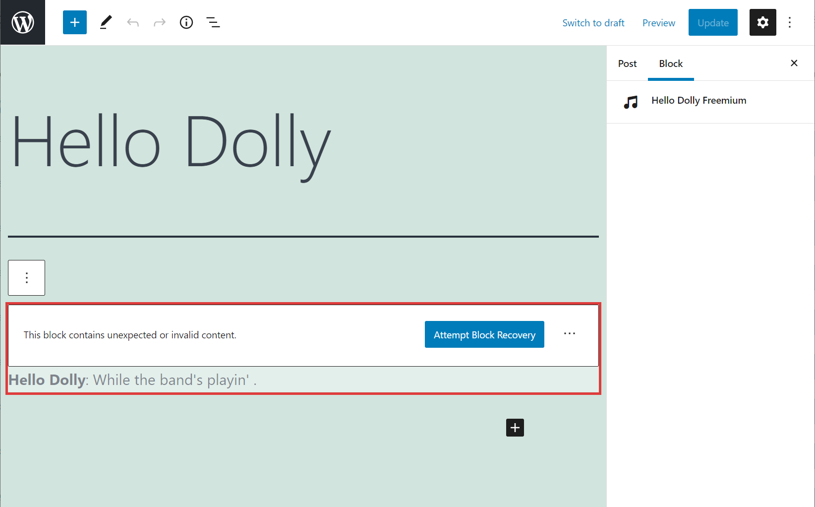 Hello Dolly Block Invalid Content