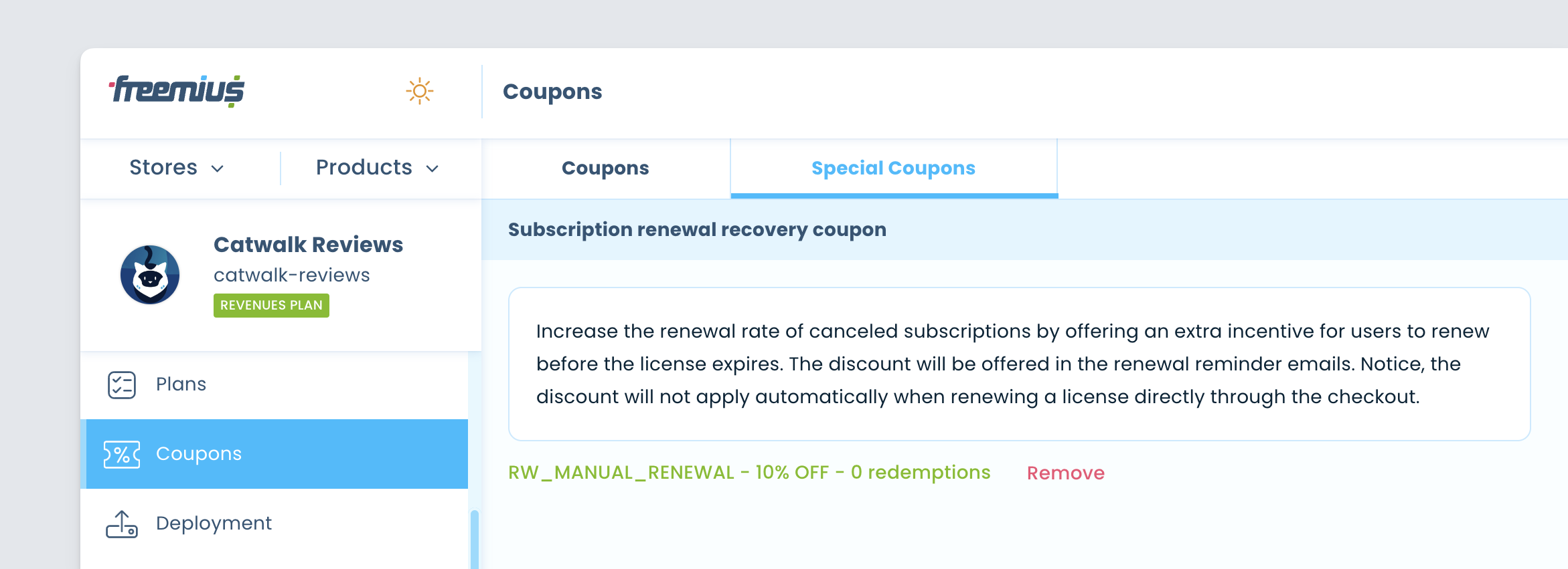 freemius developer dashboard manual subscription renewal coupons