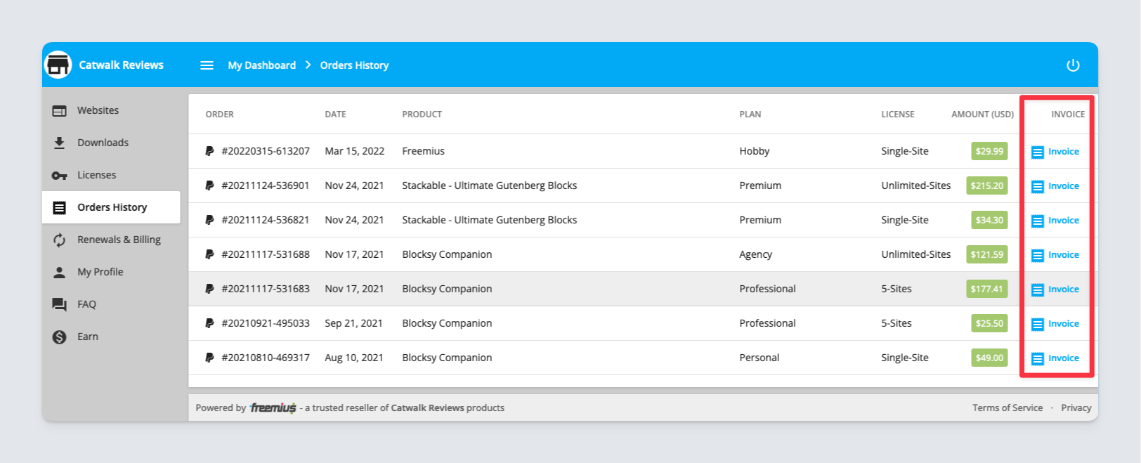 Freemius user dashboard list of order history invoices buttons highlighted