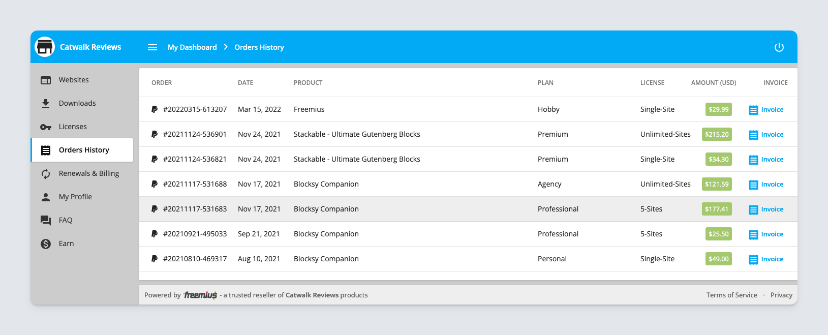 Freemius user dashboard list of order history