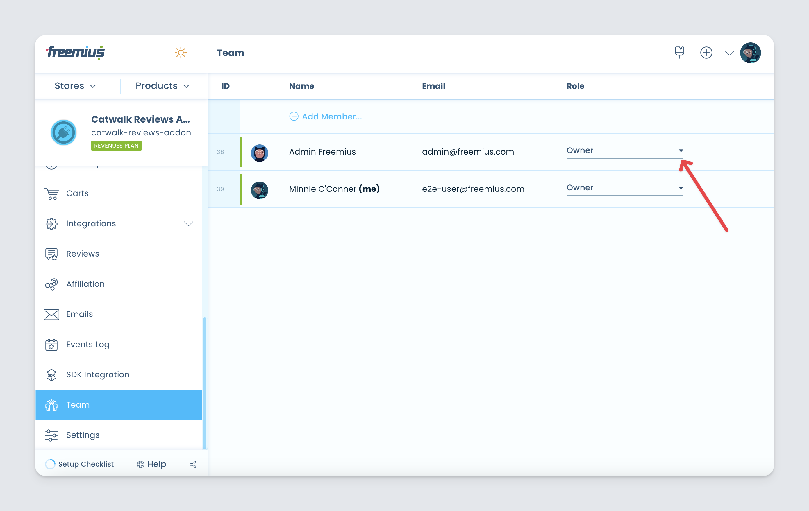 Freemius user dashboard - Assigning a New Owner