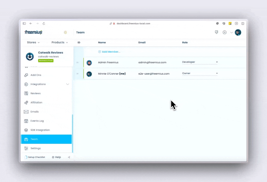 Freemius user dashboard - Changing a Team Member's Role