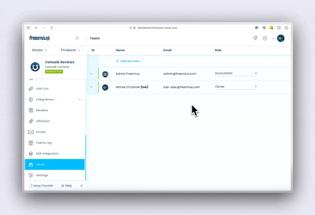 Freemius user dashboard - Removing a Team Member
